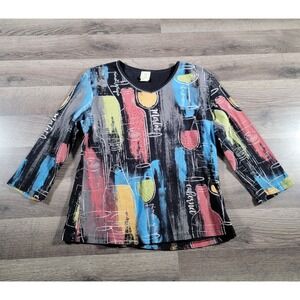 Jess And Jane Top Medium Party Wine Graphic T Shirt Artsy Lagenlook 3/4 Sleeve